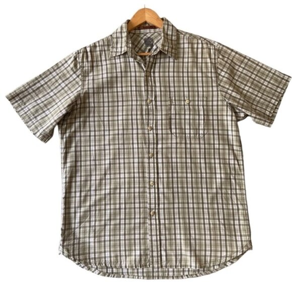 Timberland 100% cotton plaid button down shirt beige brown short sleeve medium - Picture 3 of 6